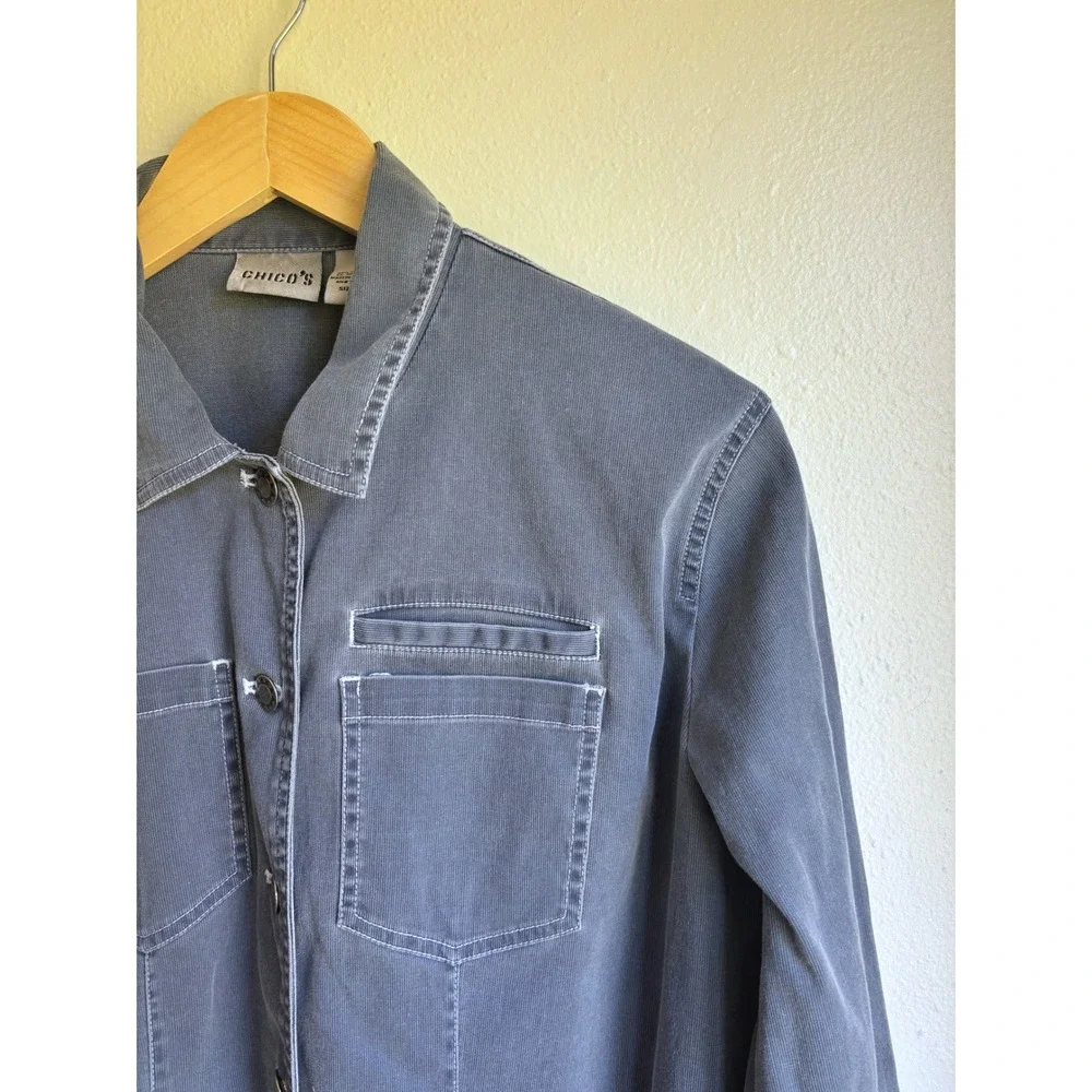 Chico's Women Gray Blue Ribbed Cotton Utility Shirt Jacket & Pant Set Size M